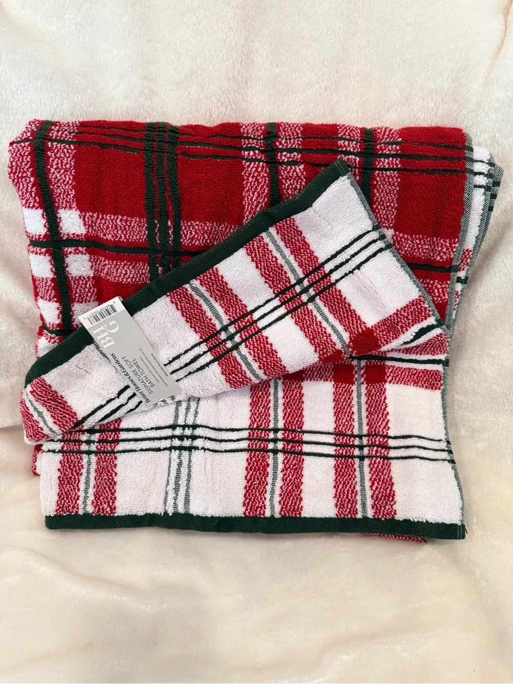 Red & White Plaid Bath Towels with olive green Trim